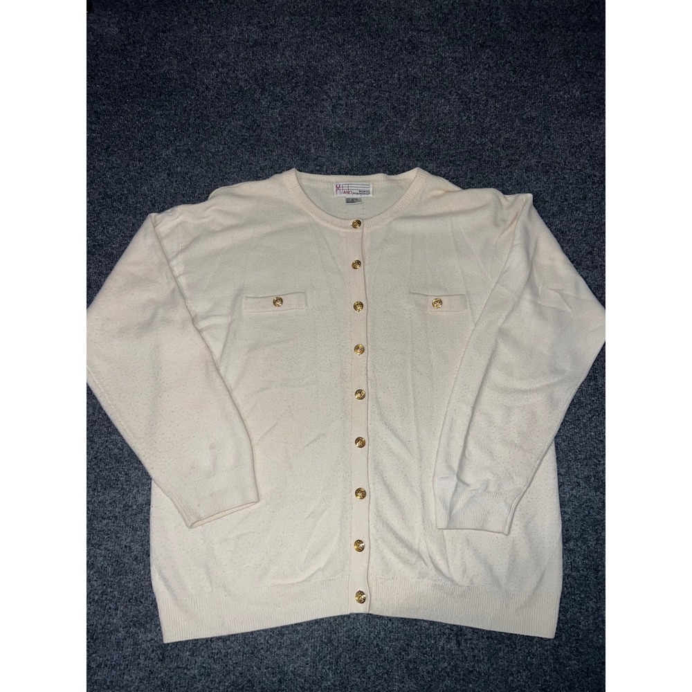 Vintage 80s Milano Woman Cream Acrylic Cardigan Gold Buttons Size 18/20